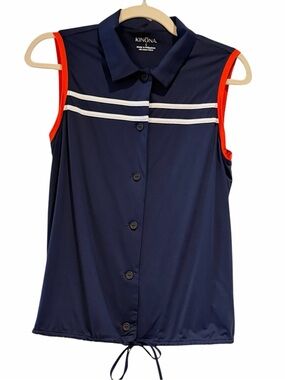 Kinona Navy Blue Sleeveless Golf Top with White and Orange Trim SMALL